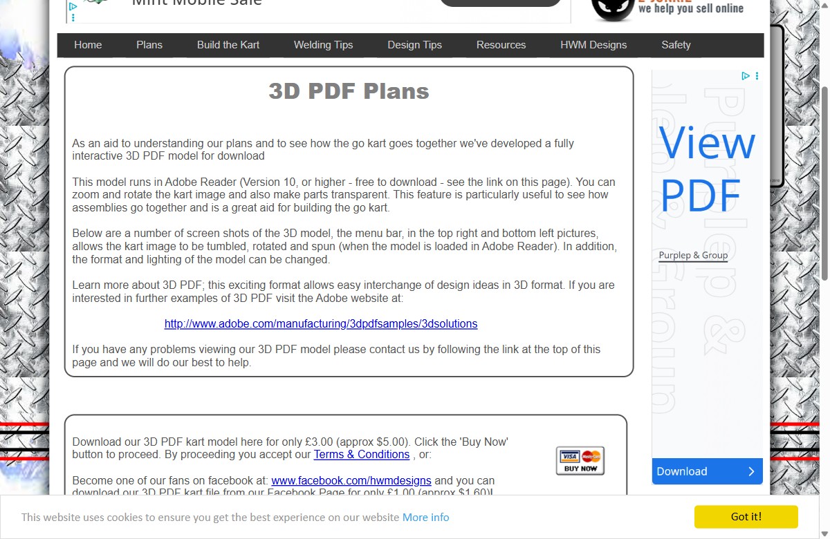 The electric-go-kart.co.uk plans page listing the free PDF, 3D PDF and SketchUp CAD downloads