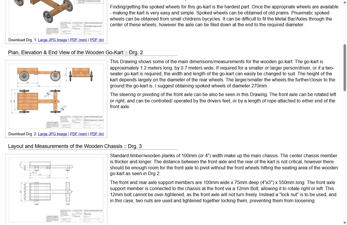 Dimensioned wooden go-kart drawings on kartbuilding.net - plan, elevation and end views
