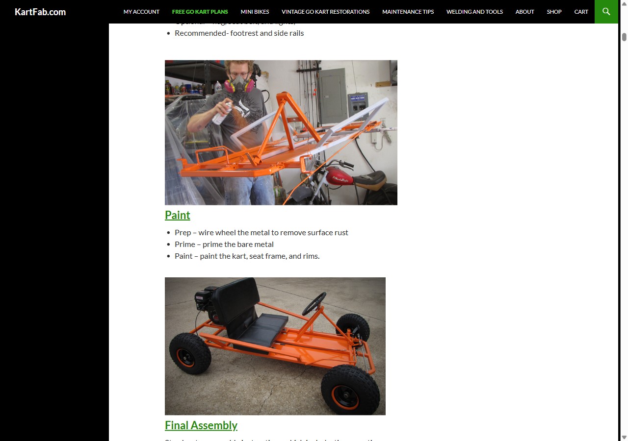 Priming and painting the KartFab frame orange, and the finished two-seat go kart on a driveway