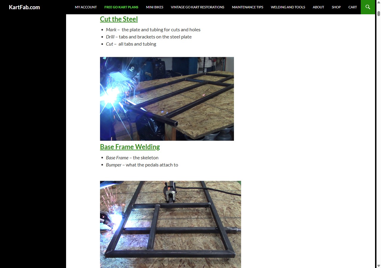 KartFab build guide steps showing steel tubing cut to length and the go kart frame being welded