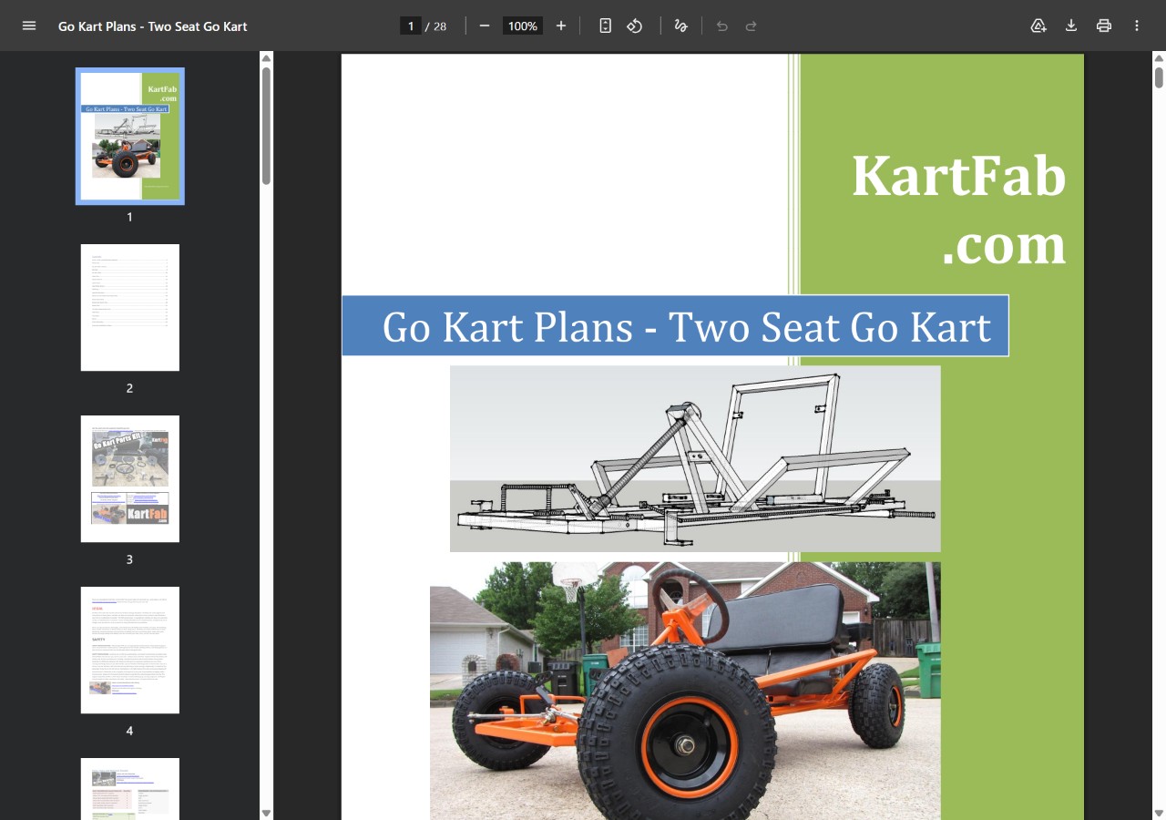 The KartFab free go kart plans PDF, page one, showing a CAD frame drawing and the finished kart