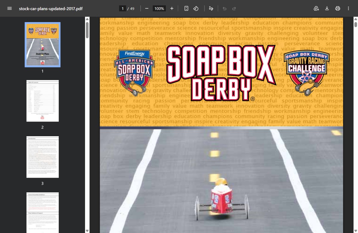 The official Soap Box Derby Stock Car Plans PDF, a 49-page official build document