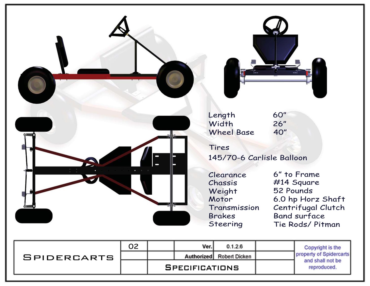 Full spec sheet: 60 in length, 40 in wheelbase, tire sizes, engine, brakes and steering