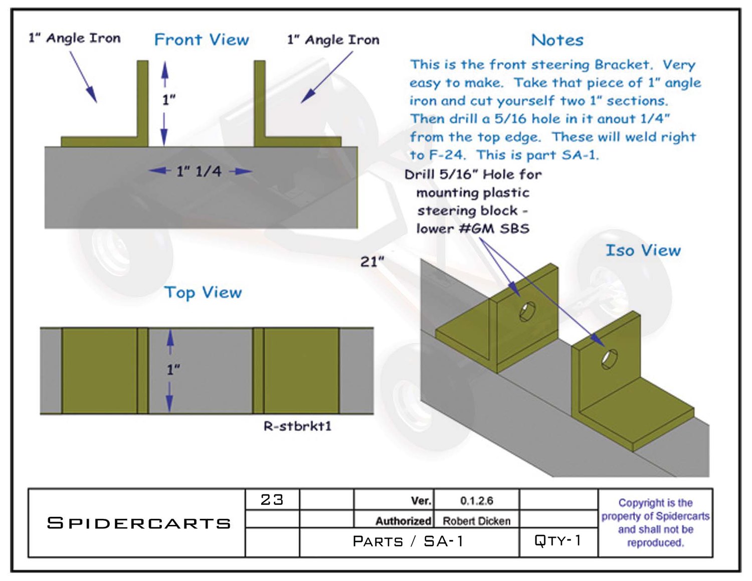 Part SA-1 steering bracket: front, top and iso views with exact sizes and drill locations