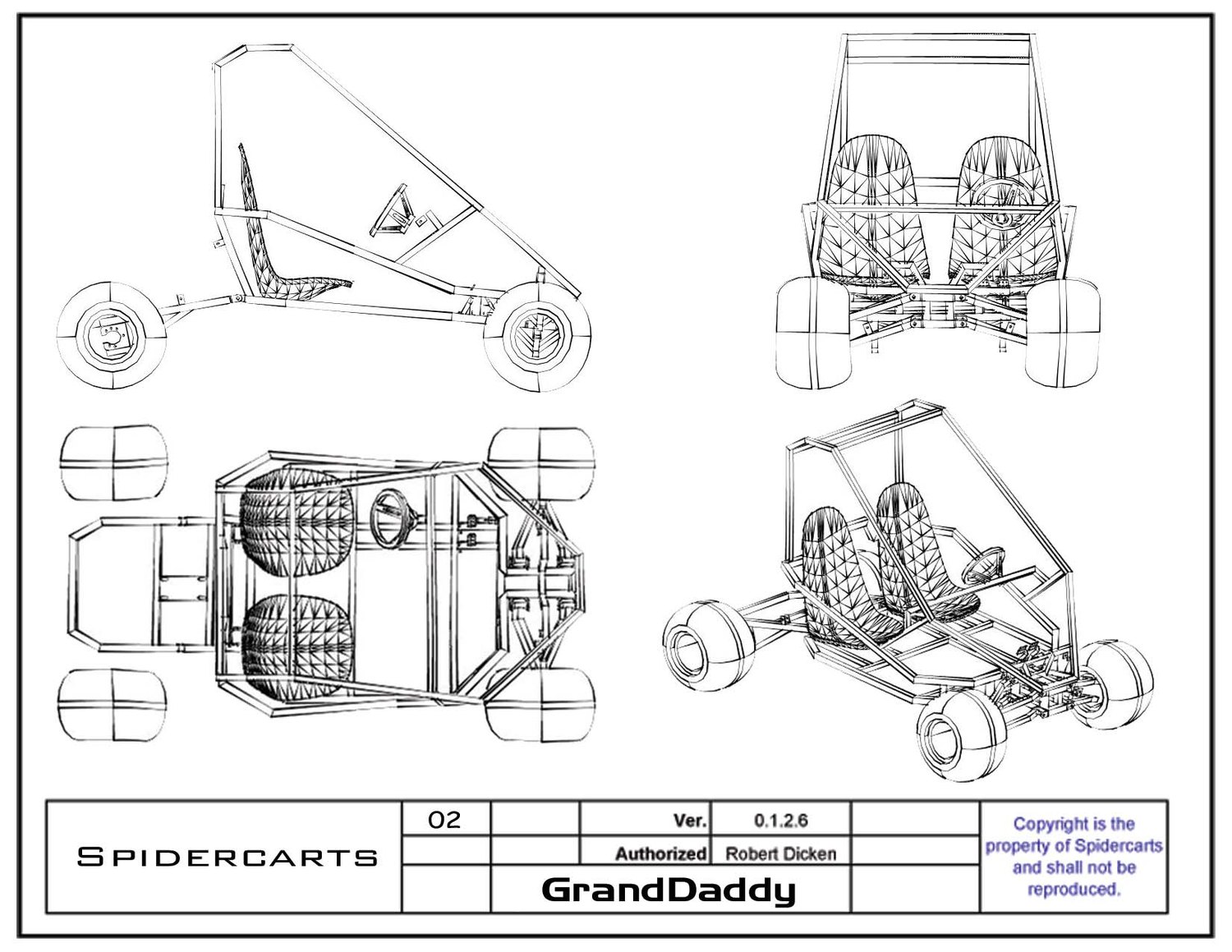 General arrangement: side, front, top and iso views of the finished two-seat chassis