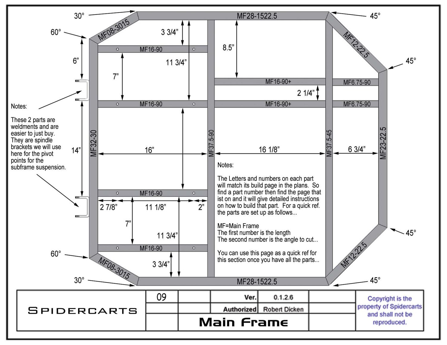 Main frame plan with every tube called out by part number and every span dimensioned