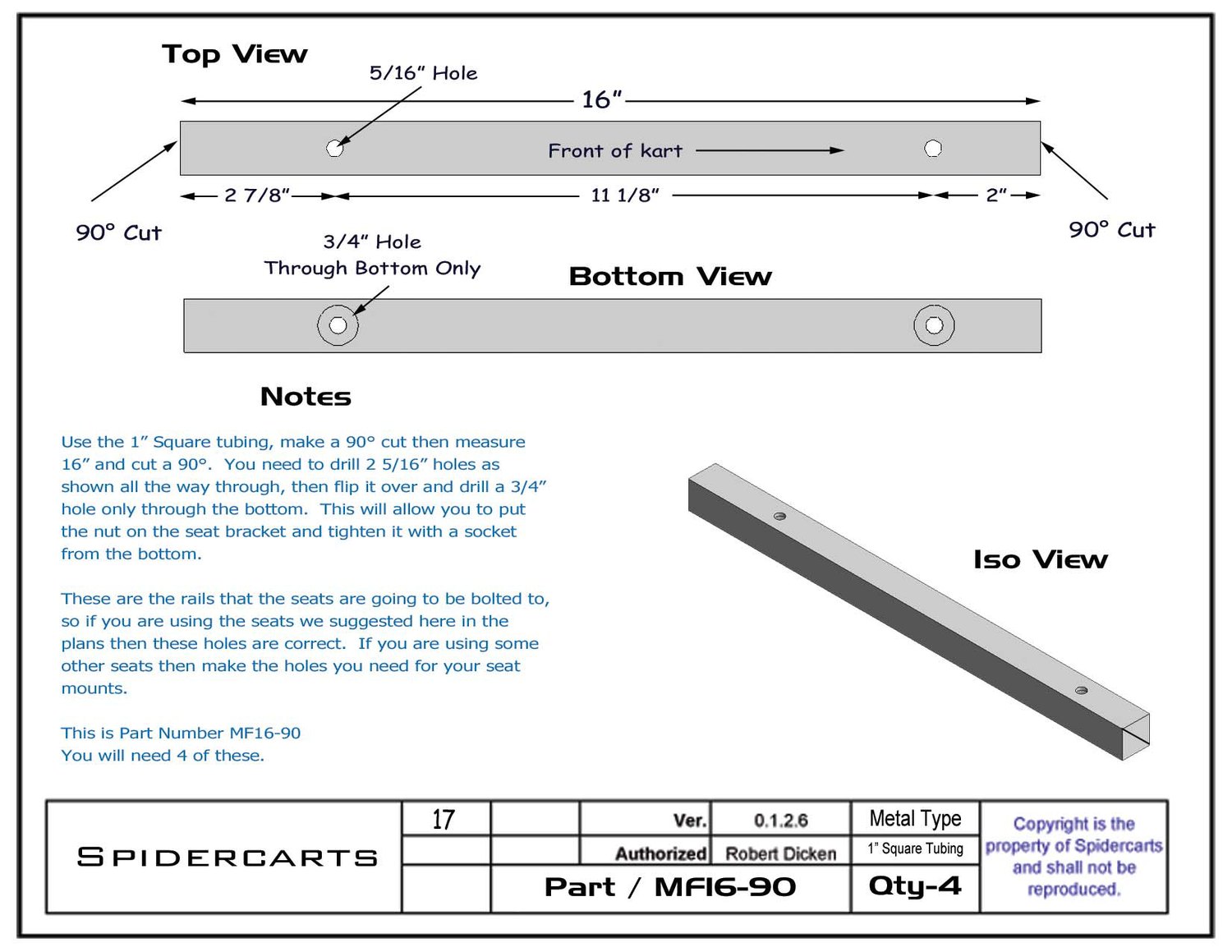 Single part sheet: exact length, cut angles, hole positions, and how many to make