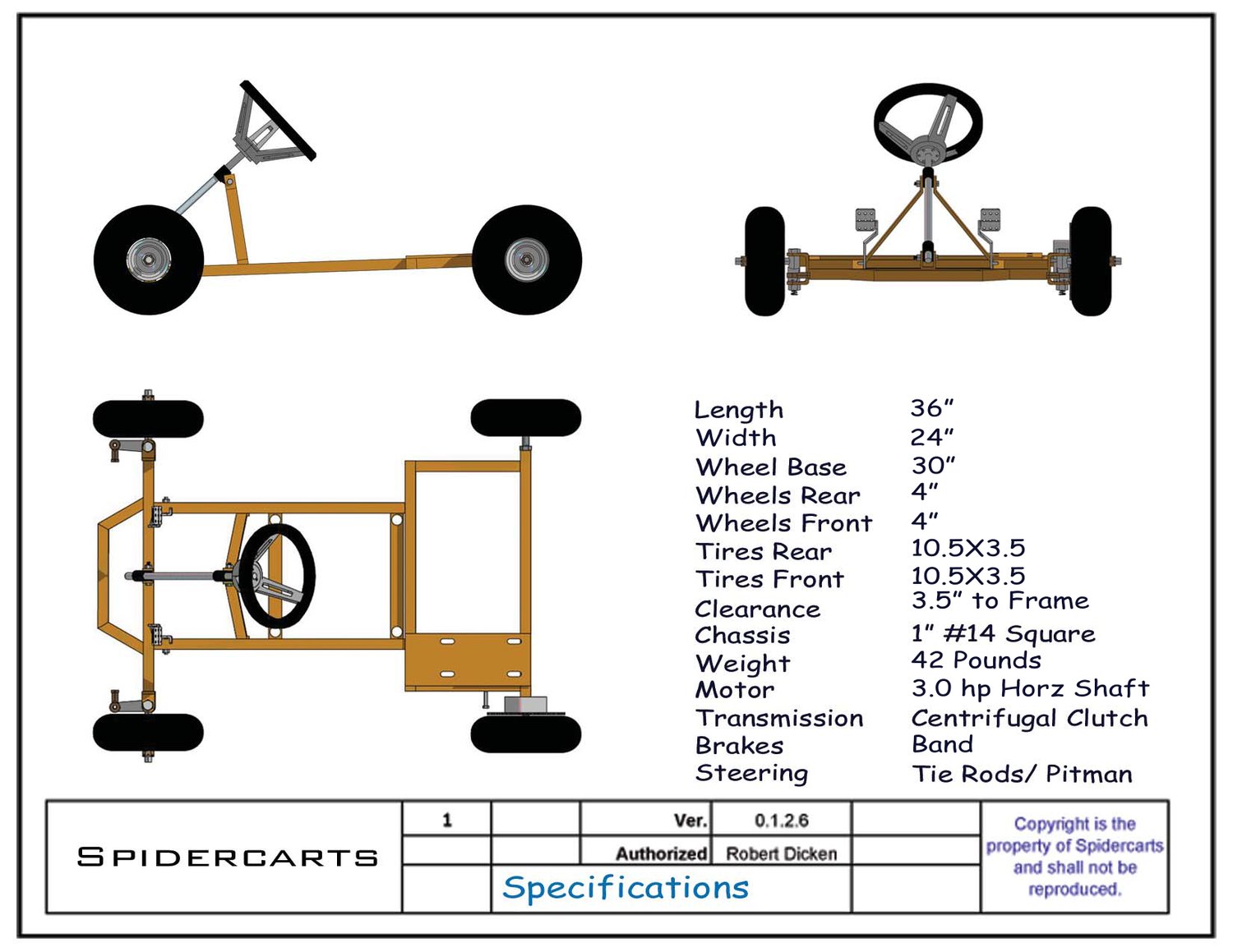 Full spec sheet: 36 in length, 30 in wheelbase, 3 hp engine, tire and chassis sizes