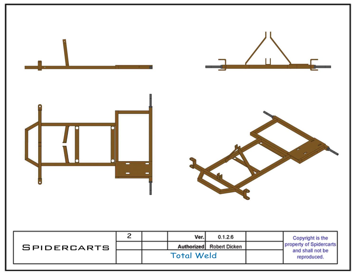 Total weld drawing: the finished welded frame in four views before parts go on