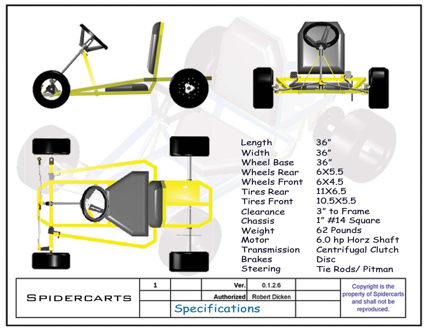 Full spec sheet: 36 inch wheelbase, tire and wheel sizes, 6.0 hp engine, disc brakes