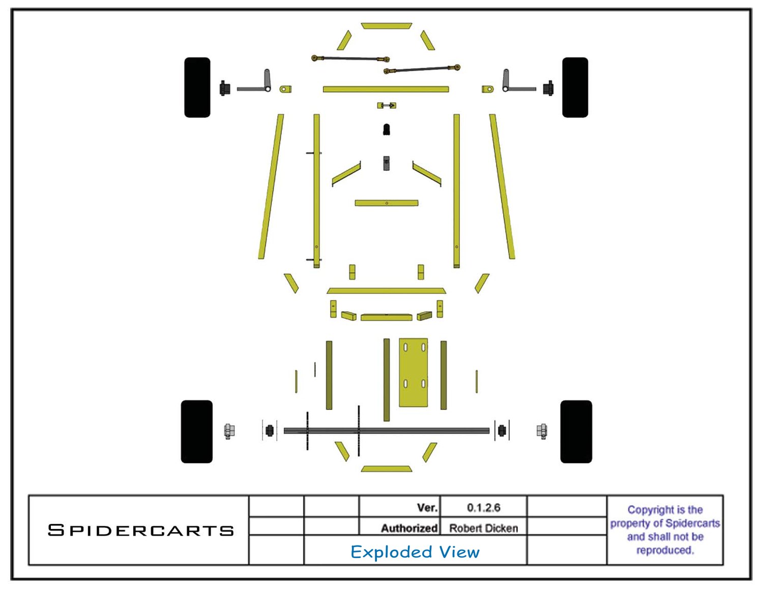 Exploded view showing every tube, plate and axle part laid out in build position