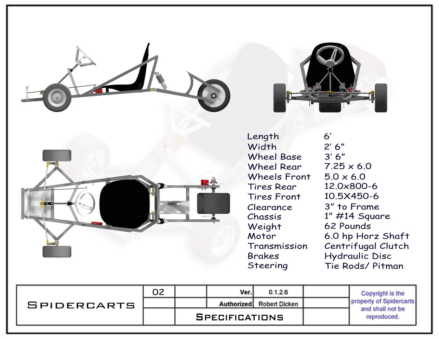 Full spec sheet: 6 ft length, 62 lb chassis, tire sizes, engine and brake specs