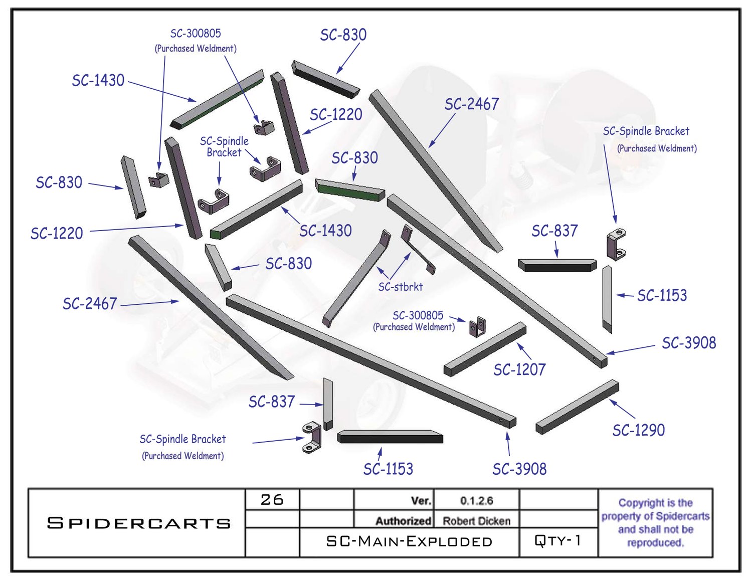 Main frame broken out with all 16 pieces called out by part number