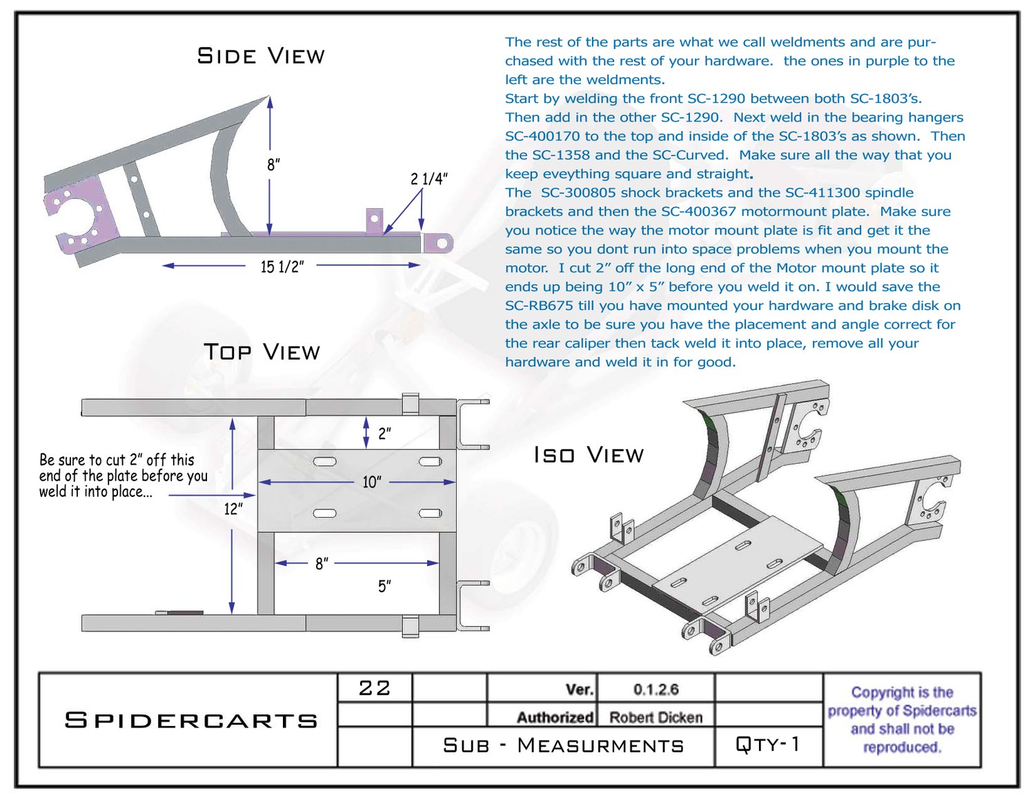 Weld order for the sub-assembly with measurements for every bracket location