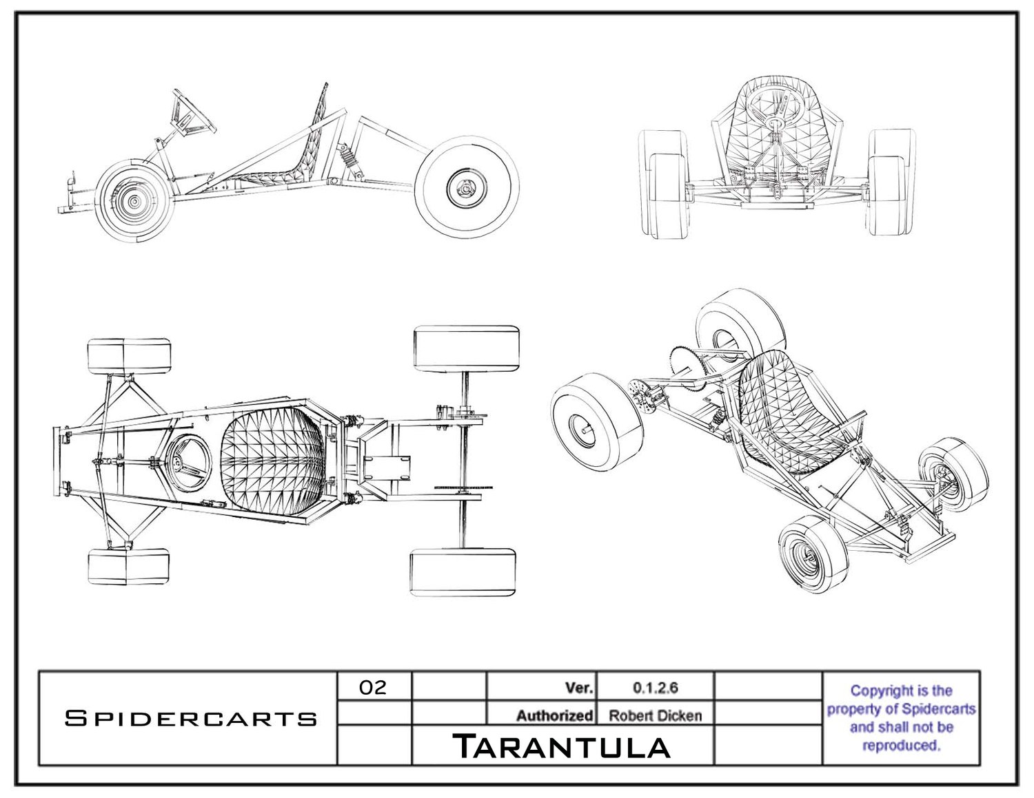 General arrangement: side, front, top and iso views of the finished chassis