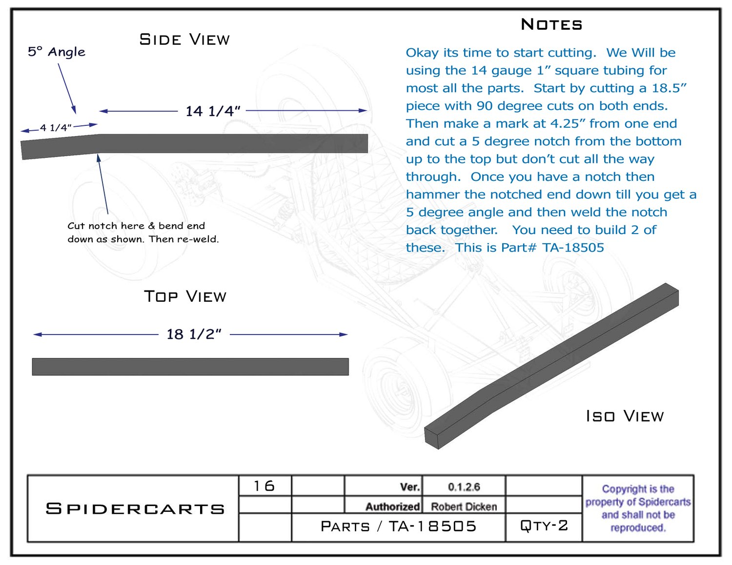 Part TA-18505: side, top and iso views with exact lengths, a 5 degree notch and quantity