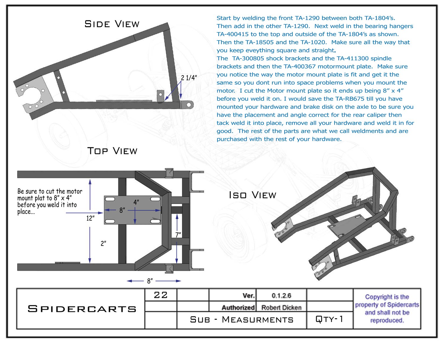 Weld-up order for the rear sub-assembly, with jig measurements for the motor mount plate