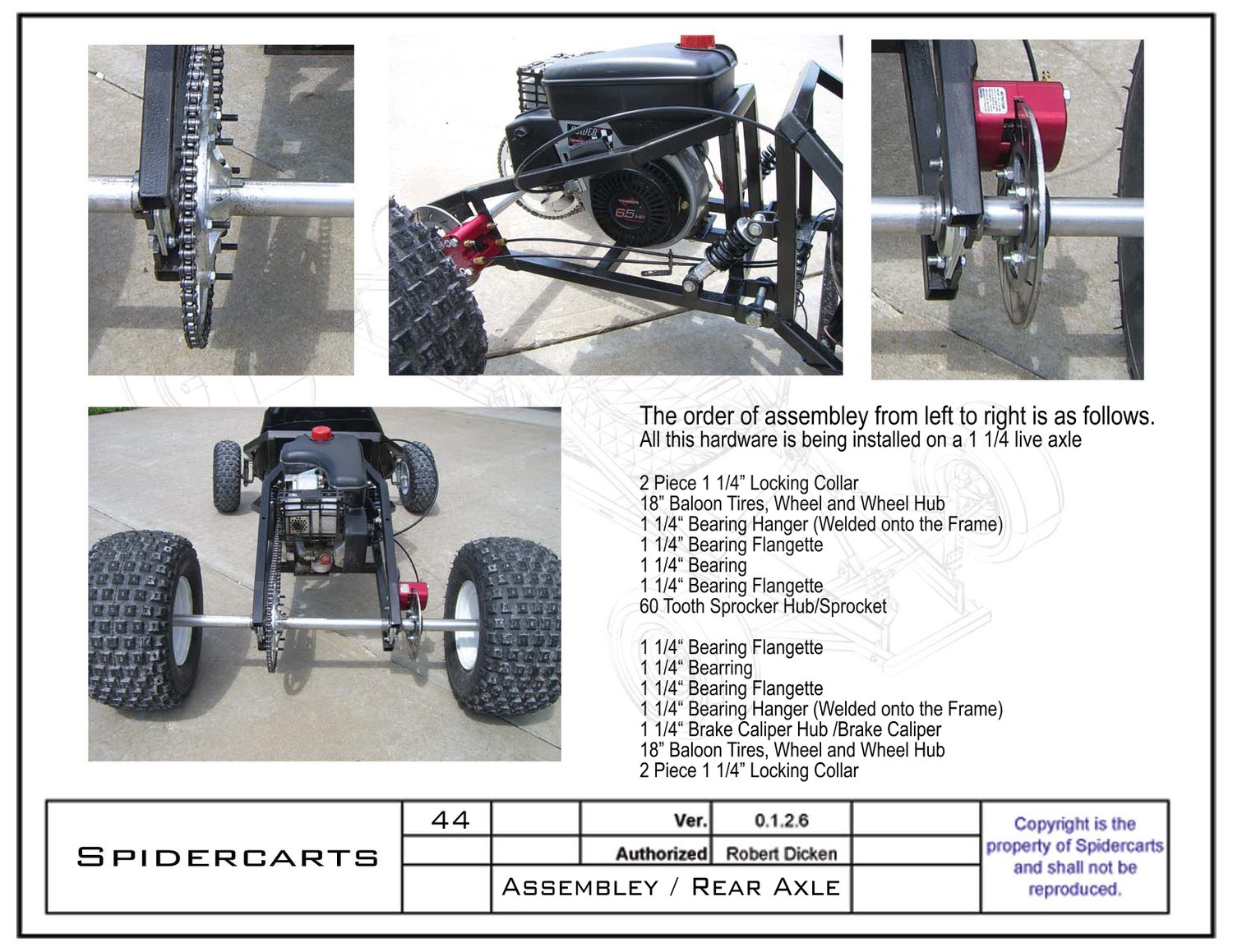 Photos of the finished kart: live axle, sprocket, brake caliper and engine installed